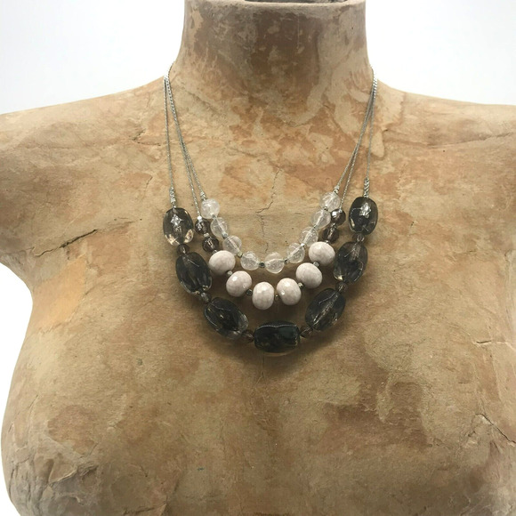 Ann Taylor Loft Three Strand Beaded Necklace Clear White Smokey Silver - Picture 8 of 9